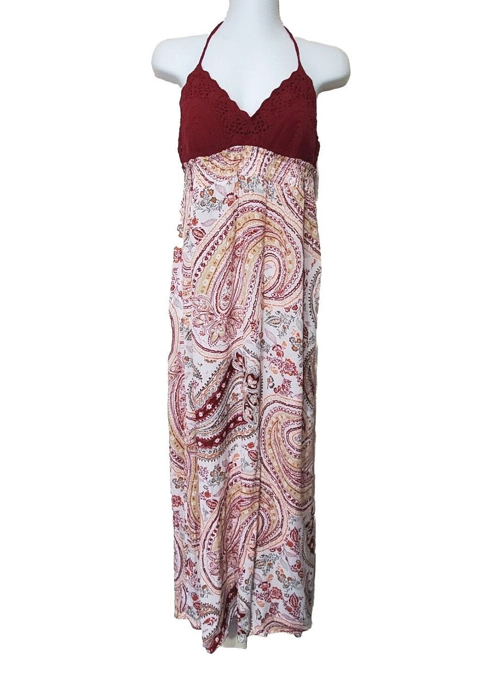 American Rag Cie Maxi Dress Womens Medium Red Crochet Paisley Floral Boho Halter